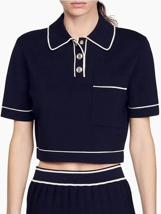 Sandro Tops - Sandro Navy Cropped Polo Top with White Piping